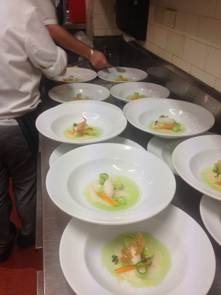 Marinated scallops with cucumber, lime, avocado and ginger beer sorbet